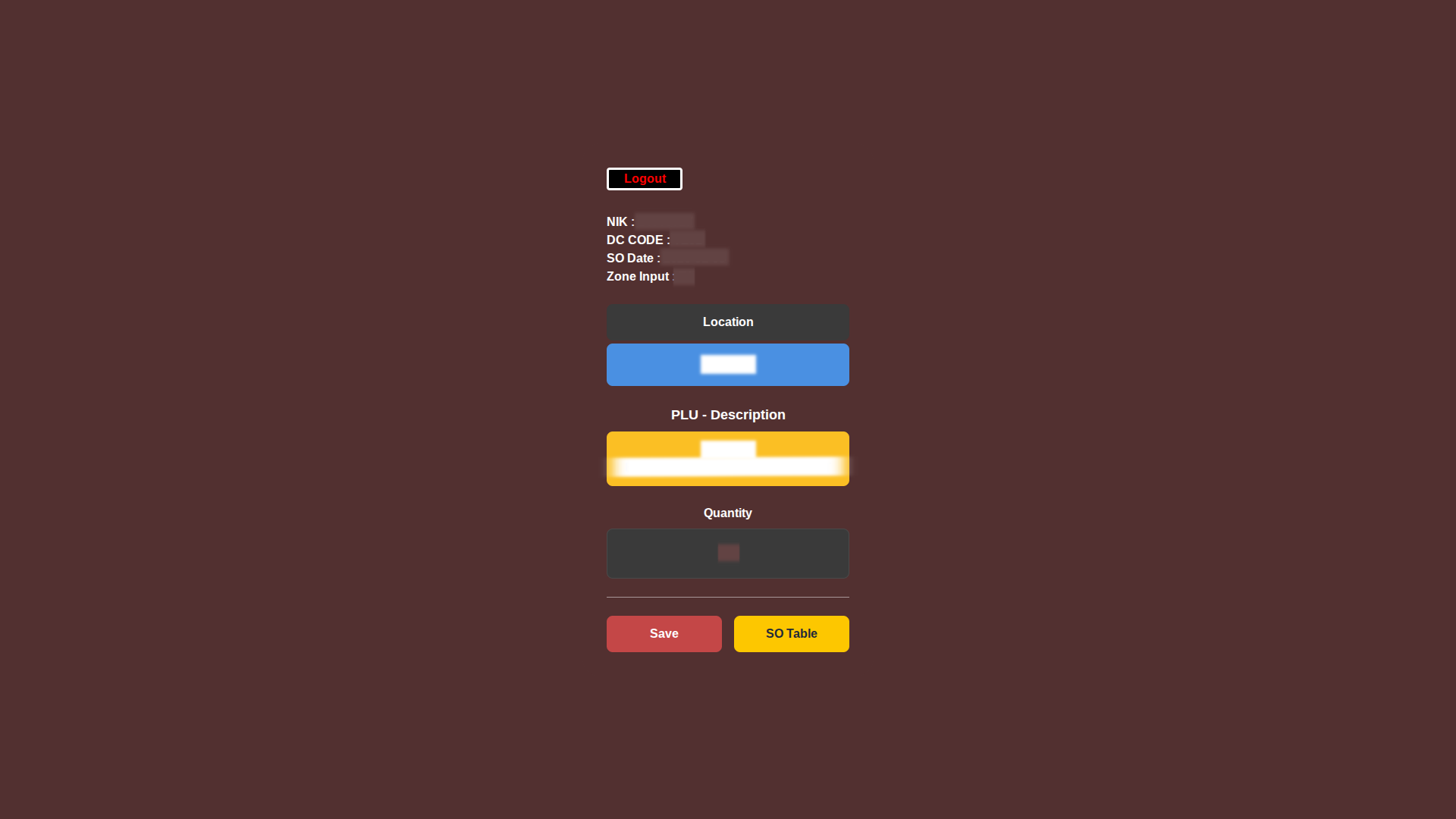 Item count entry screen on the PDA